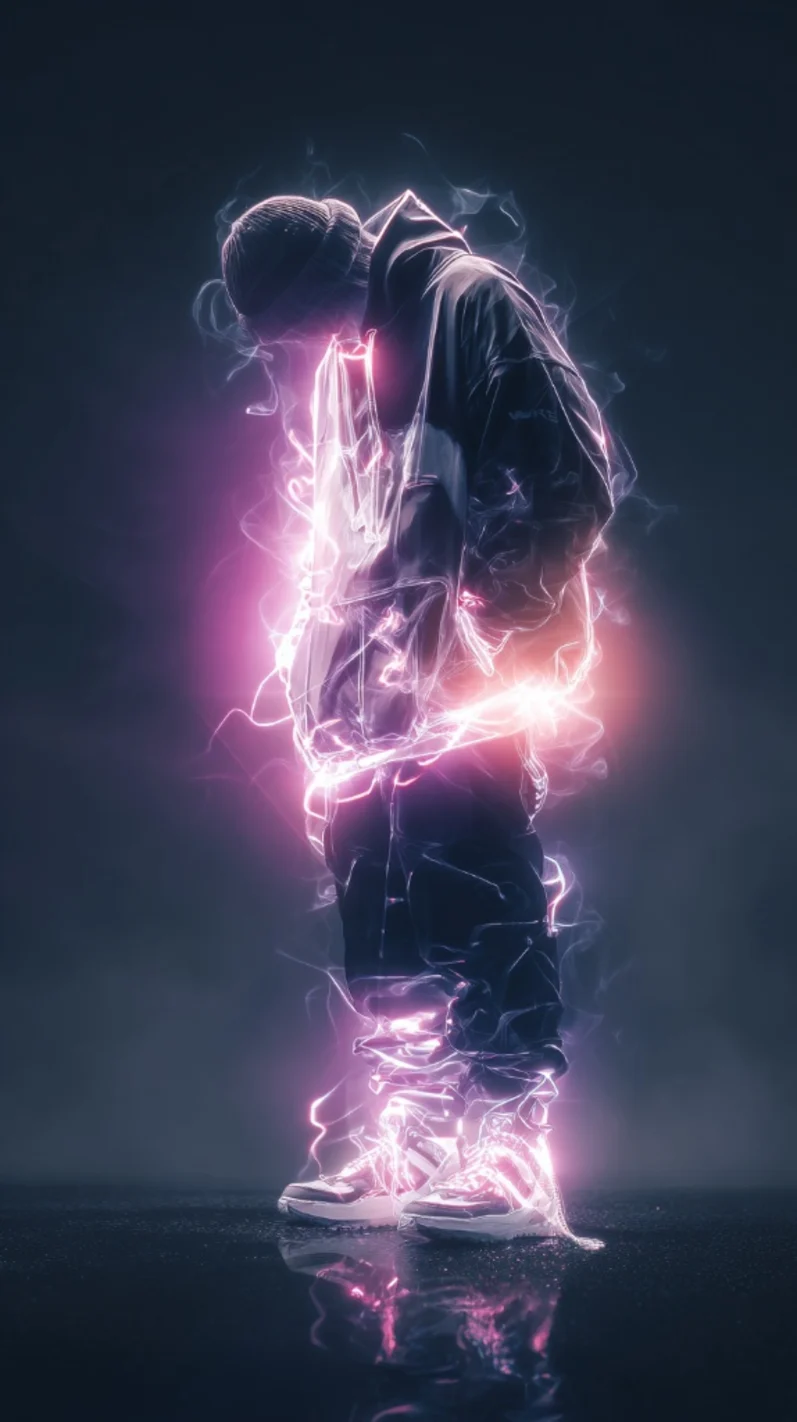 Wallpaper LUMNA — silhueta com capuz envolta em energia neon rosa e roxa