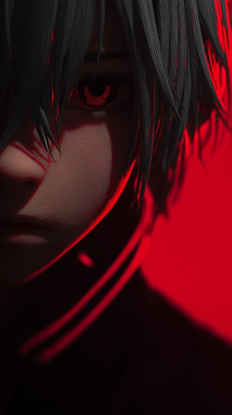 Wallpaper LUMNA — personagem anime de olhos vermelhos em fundo vermelho intenso